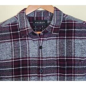 PacSun Gray, Maroon & Black Plaid Longer Fit Long Sleeve Flannel Shirt, Size XL